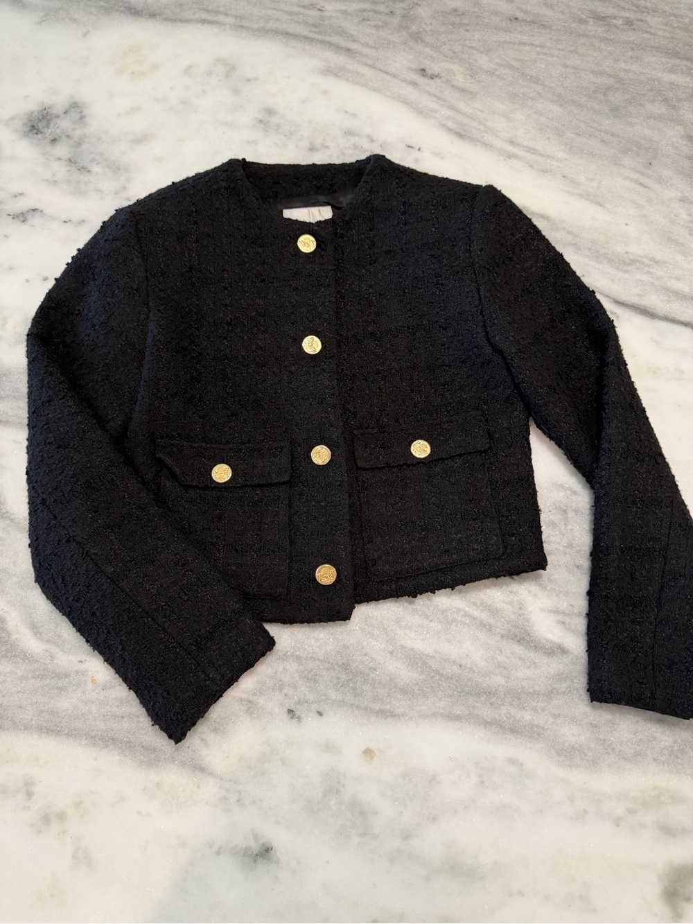 Abercrombie & Fitch Black Tweed Cropped Blazer with Gold Buttons